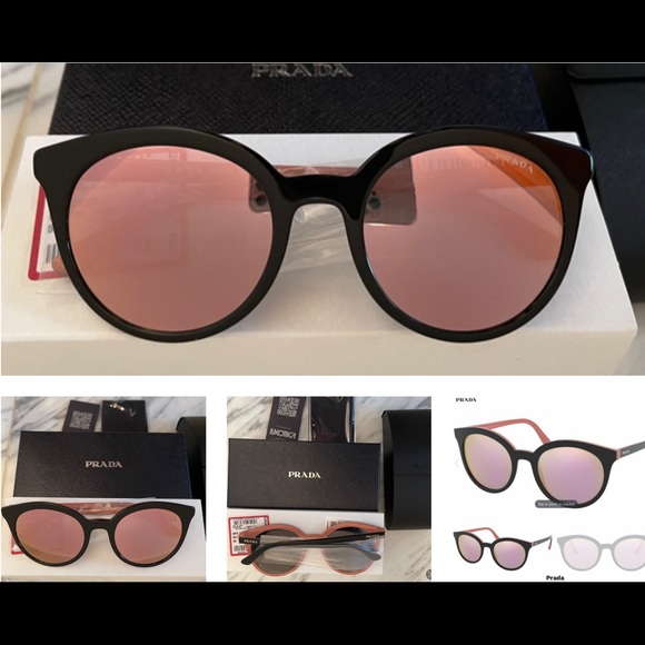 PRADA ROSE PINK MIRROR ROUND LENSES IN BLACK FRAMES WITH PINK ROSE DETAILING - Picture 2 of 16